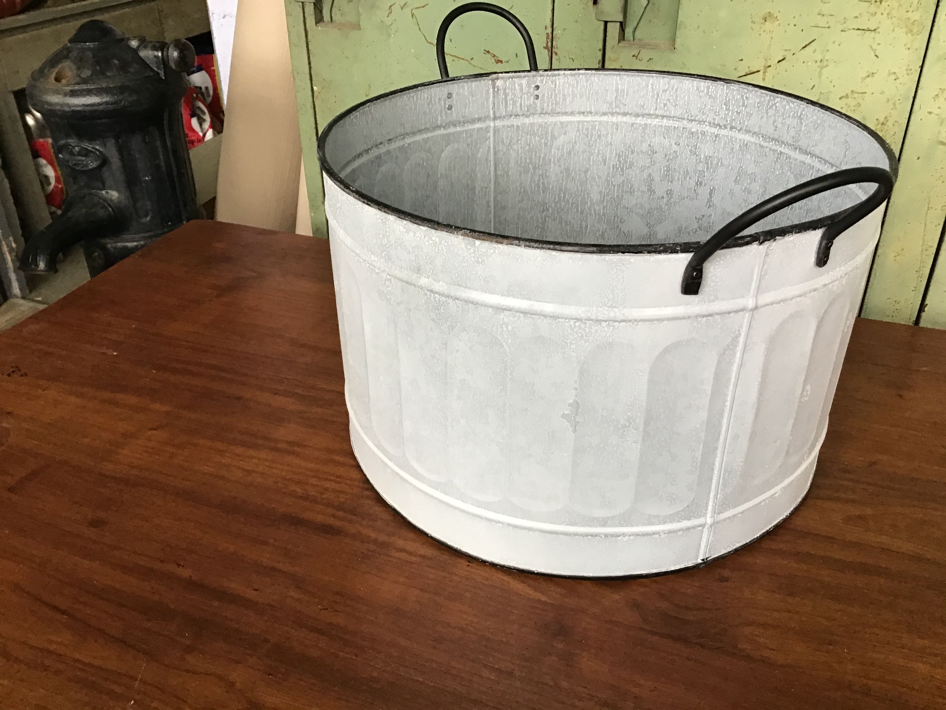 large round basin in vintage zinc