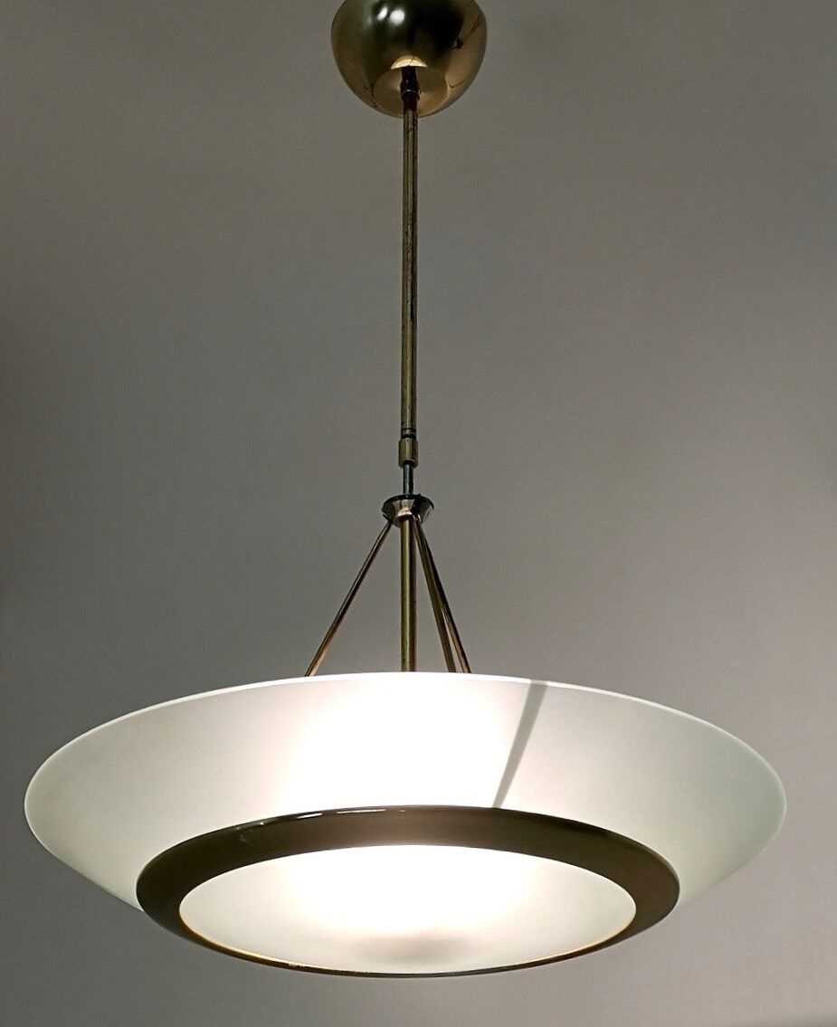 Brass and etched glass bowl pendant