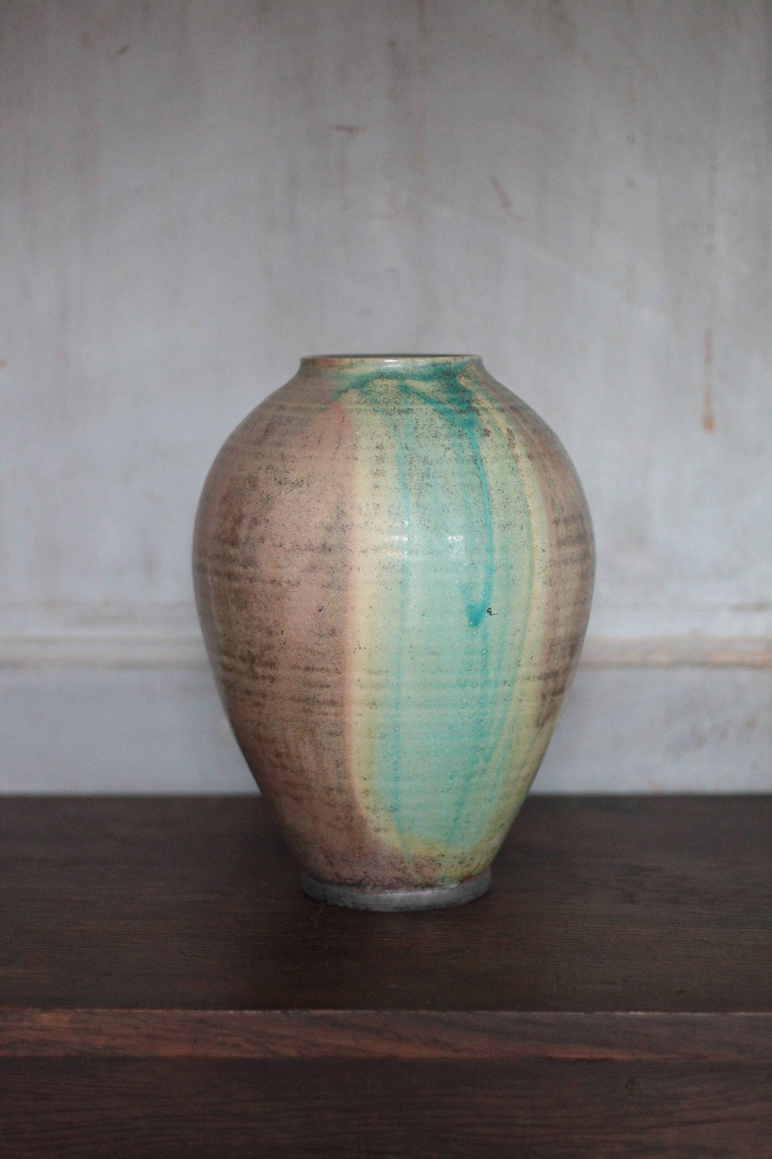 Glazed green ceramic vase signed AB, pottery, flower pot, vase.