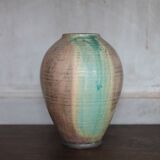 Glazed green ceramic vase signed AB, pottery, flower pot, vase.