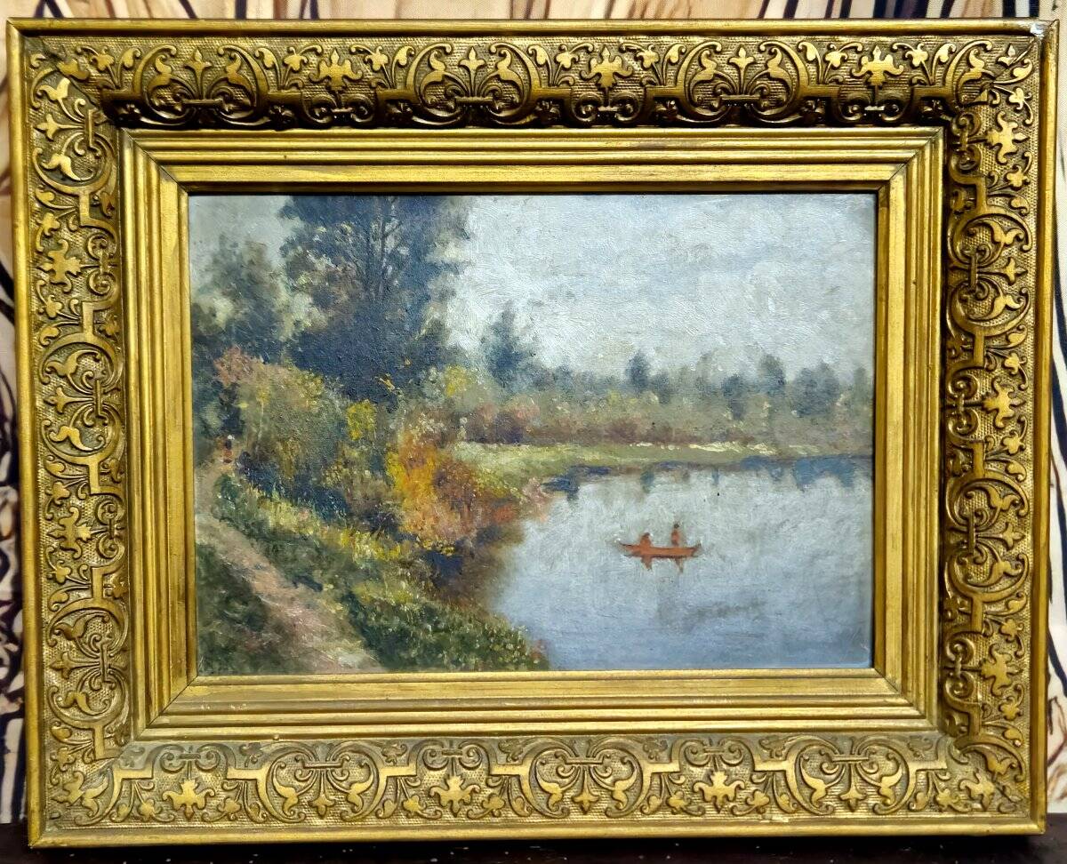 Oil on panel antique – waterside landscape – antique gilded frame