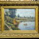 Oil on panel antique – waterside landscape – antique gilded frame