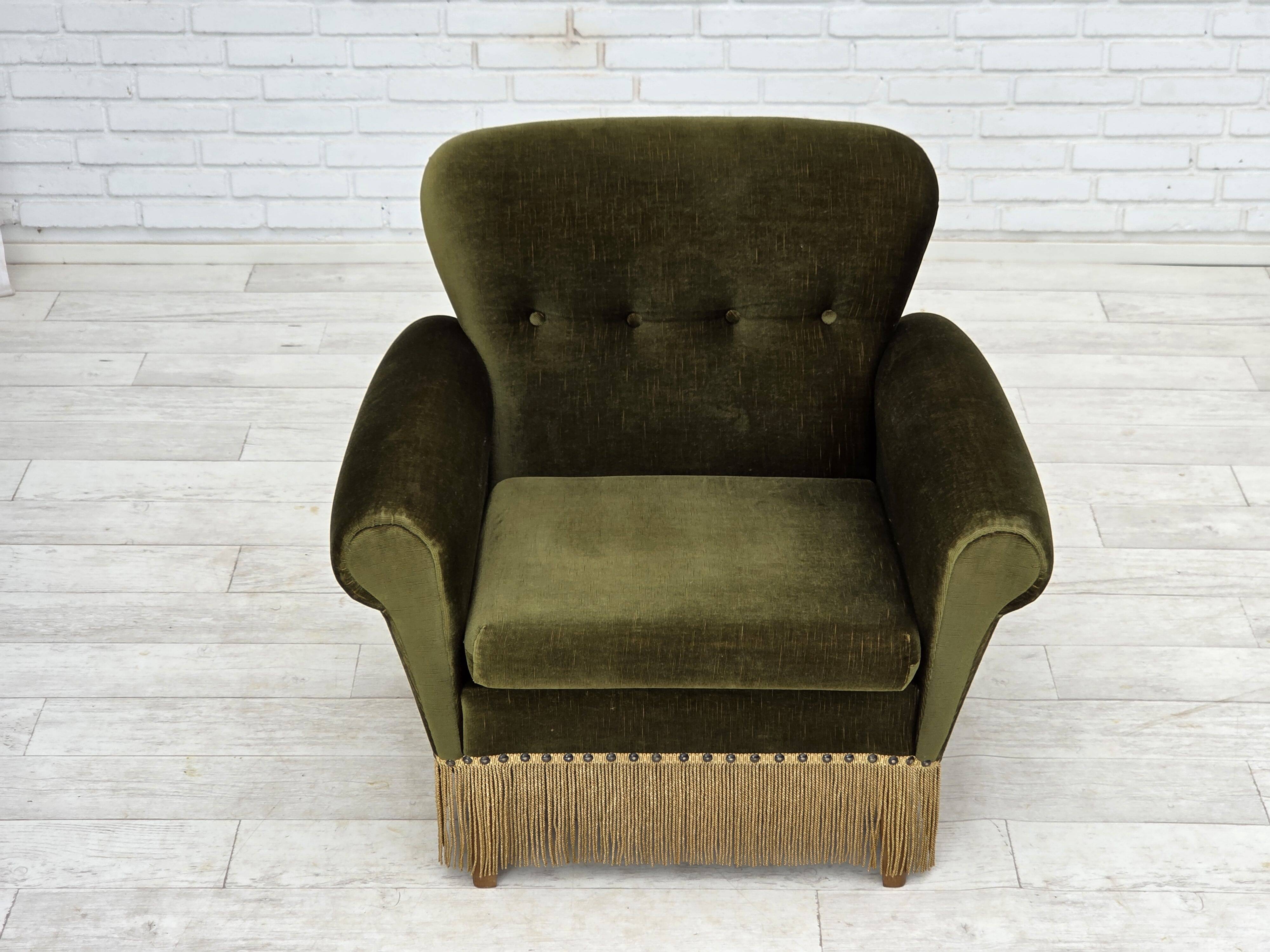 1970s, Danish lounge chair, low, furniture velour, ash wood legs.