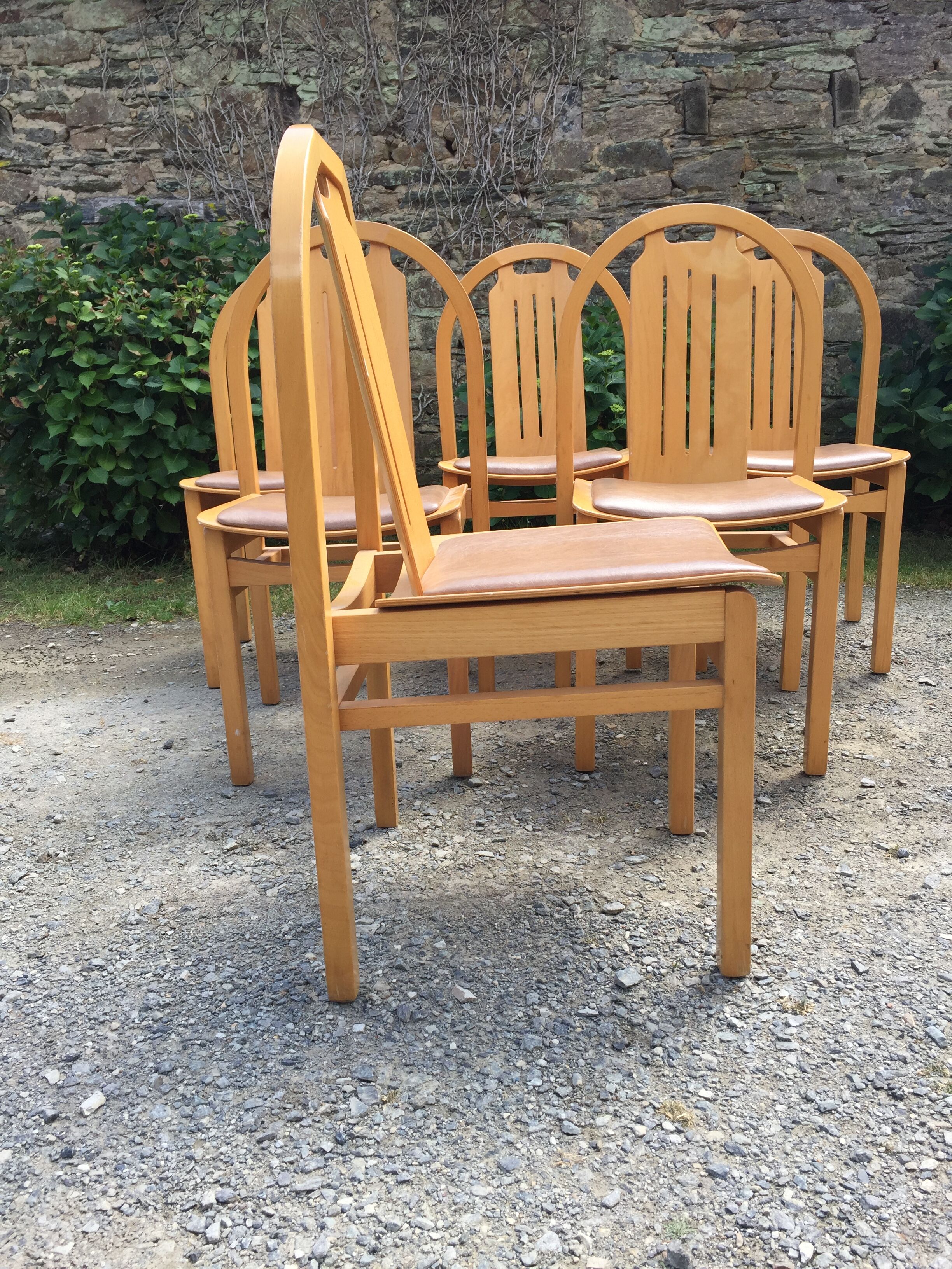 Vintage Baumann chairs in beech, seats in beige brown Skaï, series of 6.
