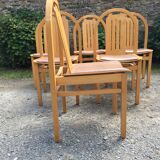 Vintage Baumann chairs in beech, seats in beige brown Skaï, series of 6.