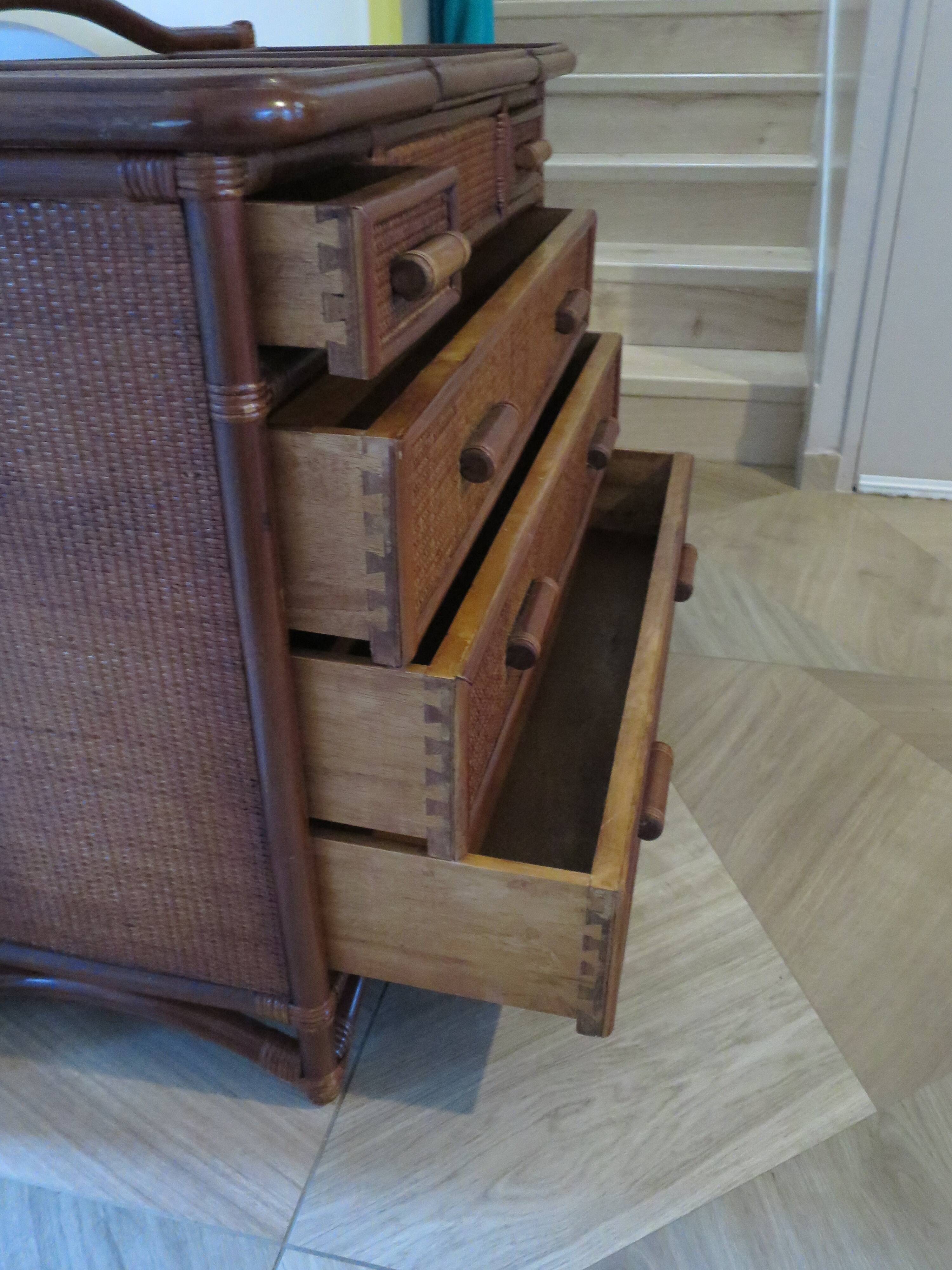 Vintage dressing table/chest - woven rattan - 5 drawers - mirror - 1960s/70s