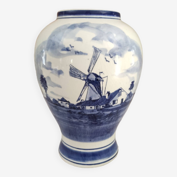 Vase Delfts Blue FG paysage hollandais d'un côté et décor floral de l'autre