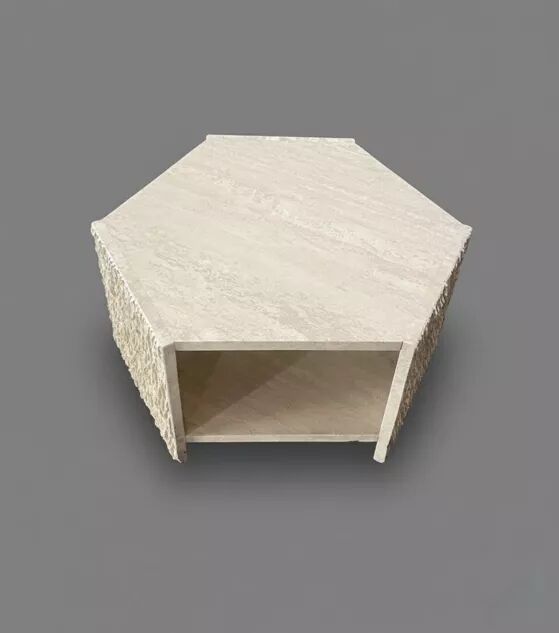Hexagonal side table in travertine by Claude Berraldacci. France.