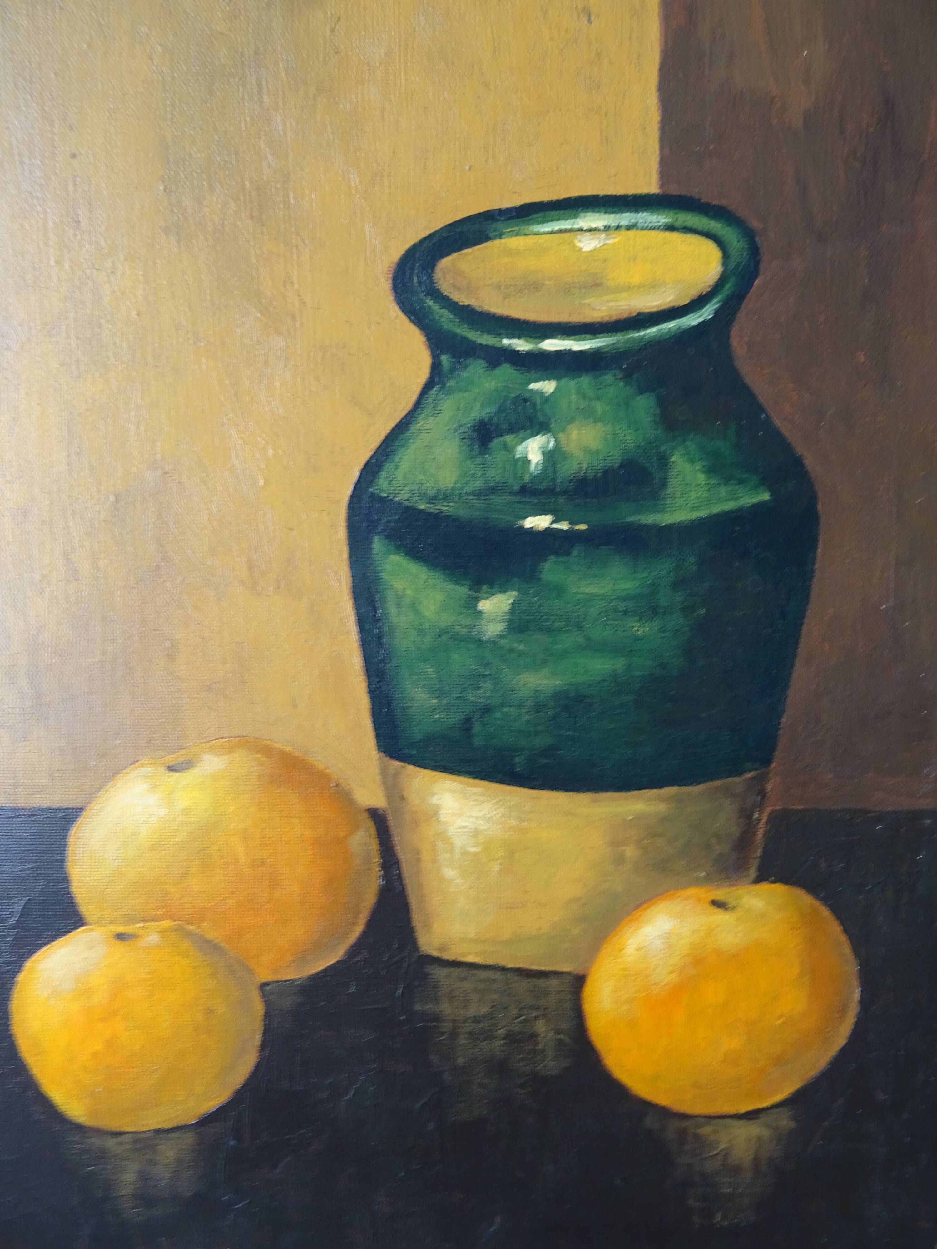 Still life painting with oranges and vase signed oil on canvas