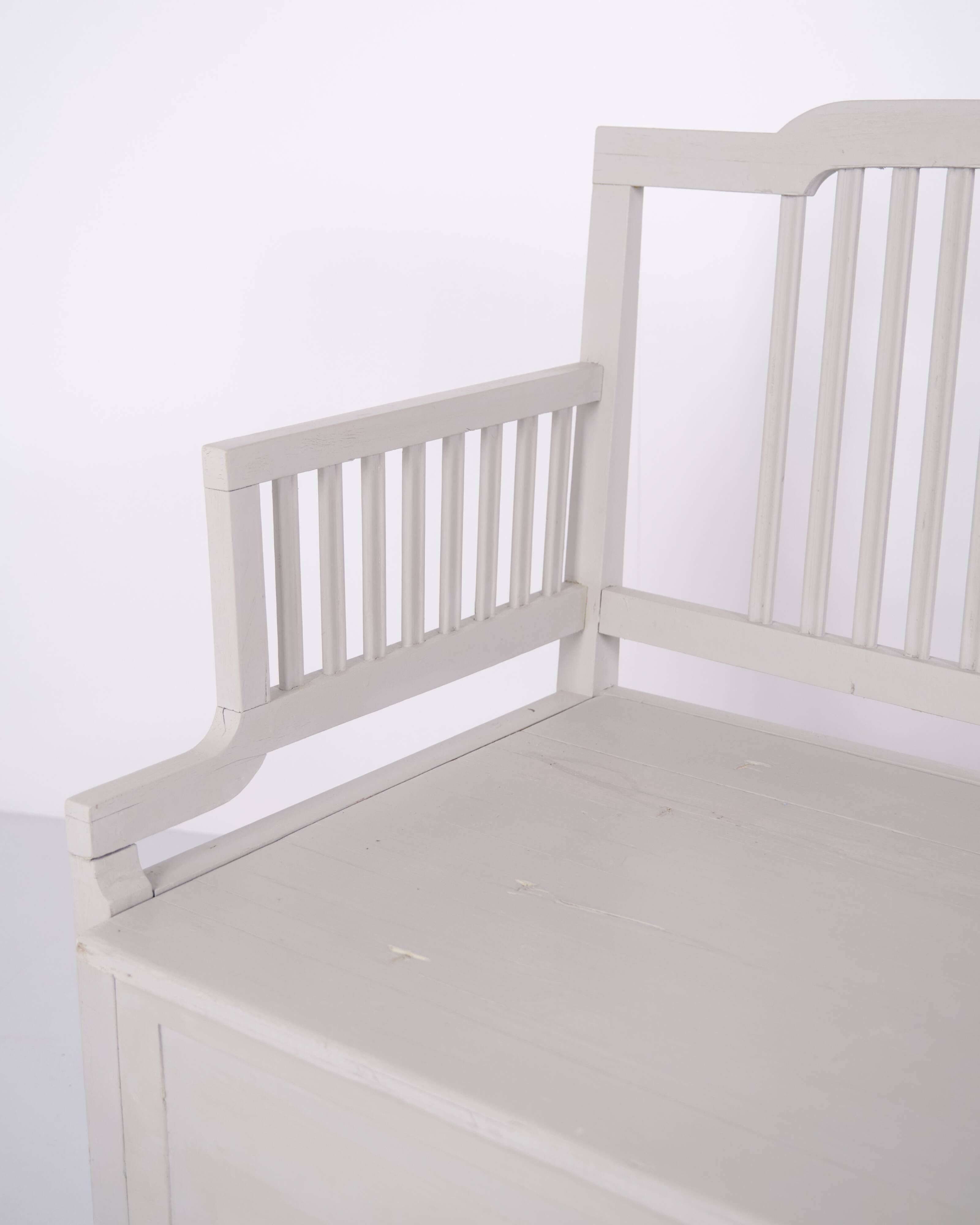 Antique storage bench with high back – grey painted – pine wood – 1860s