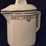 Old covered jug, vintage, geometric frieze with flowers and black trim.