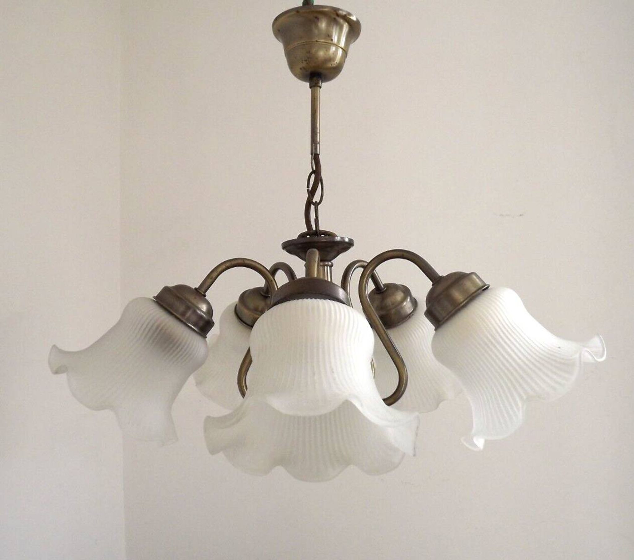 Vintage French 5 Light Silver Metal Chandelier With Patterned Glass Shades 4536