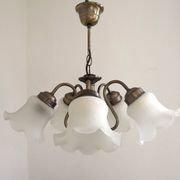 Vintage French 5 Light Silver Metal Chandelier With Patterned Glass Shades 4536