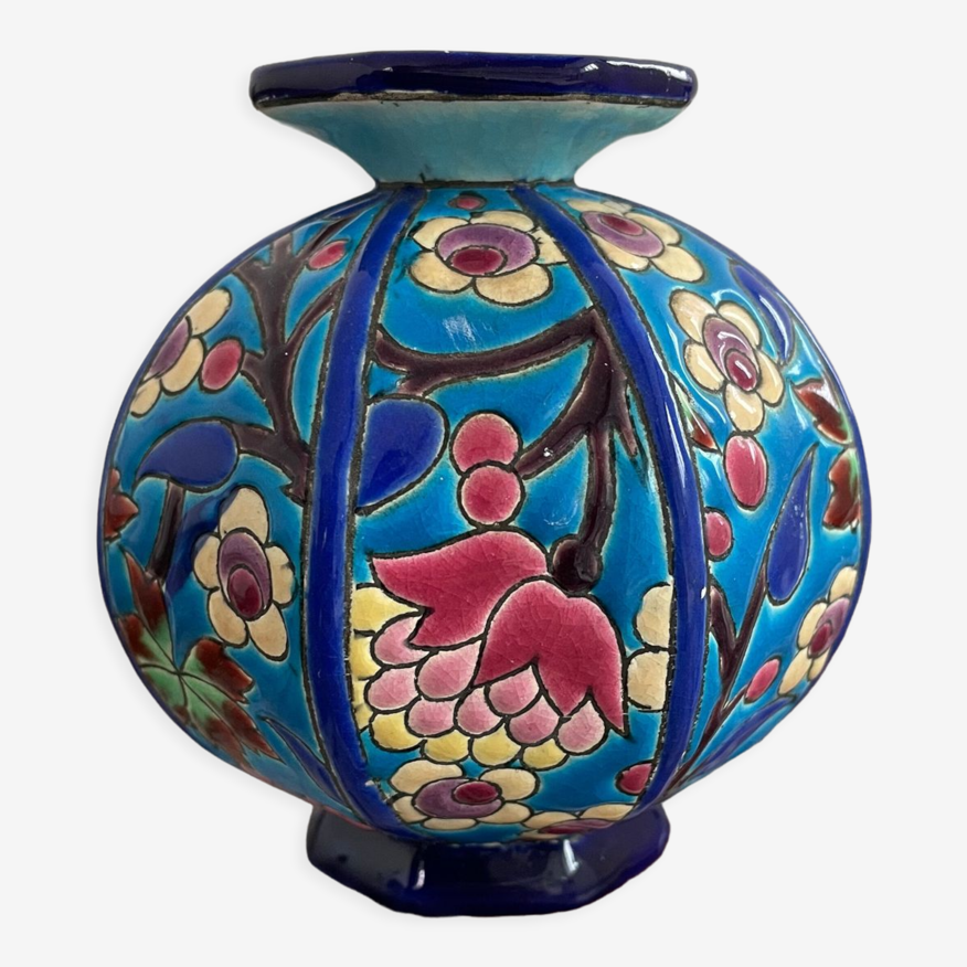 Vase boule emaux de longwy art déco octogonal faïence, décor floral, fond  bleu, estampillé | Selency