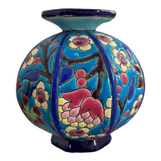 Vase boule emaux de longwy art déco octogonal faïence, décor floral, fond bleu, estampillé