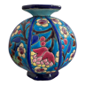 Vase boule emaux de longwy art déco octogonal faïence, décor floral, fond bleu, estampillé