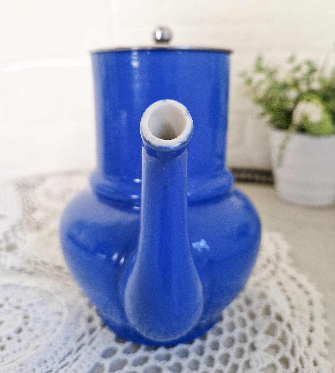 Small vintage cobalt blue ceramic teapot
