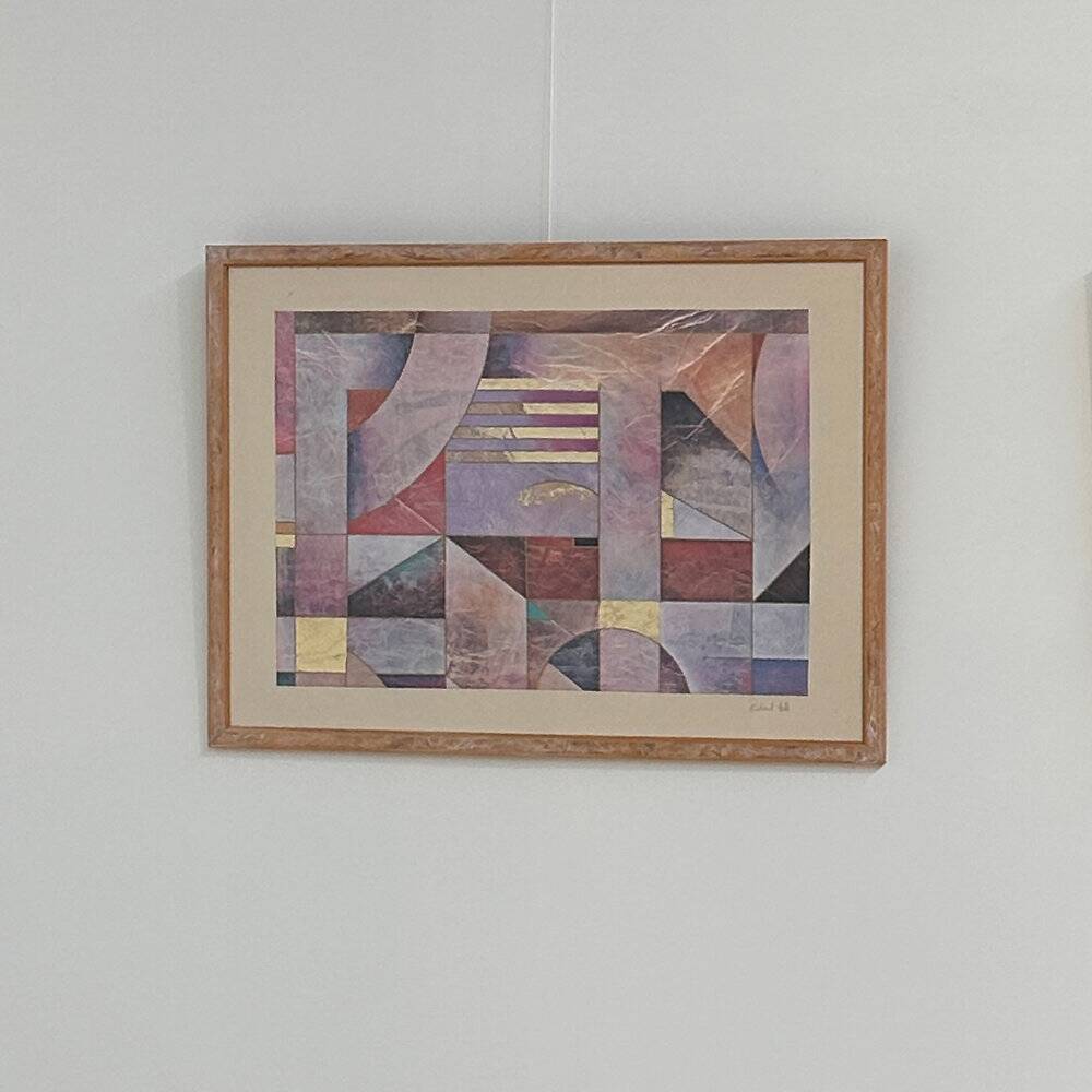 Pair of large Richard Hall geometric abstract mixed media lithographs with gold