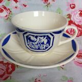 Ancient cup and saucer K-G Luneville - Geometric blue fruit stencil pattern