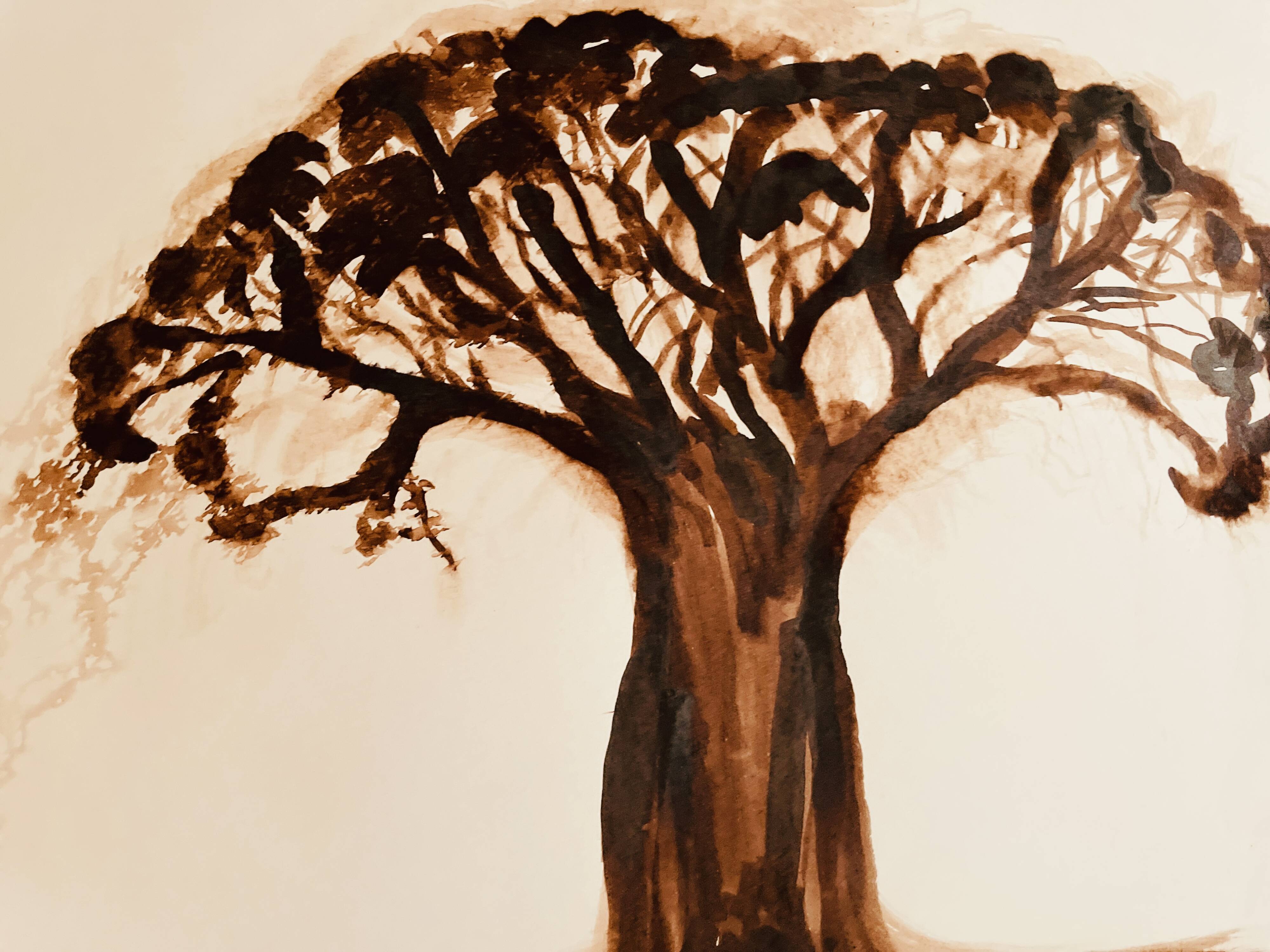Signed monochrome watercolour painting of a baobab tree, South Africa.