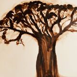 Signed monochrome watercolour painting of a baobab tree, South Africa.