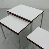 White Nesting Table Set with chrome frame and wood detail, 1970s