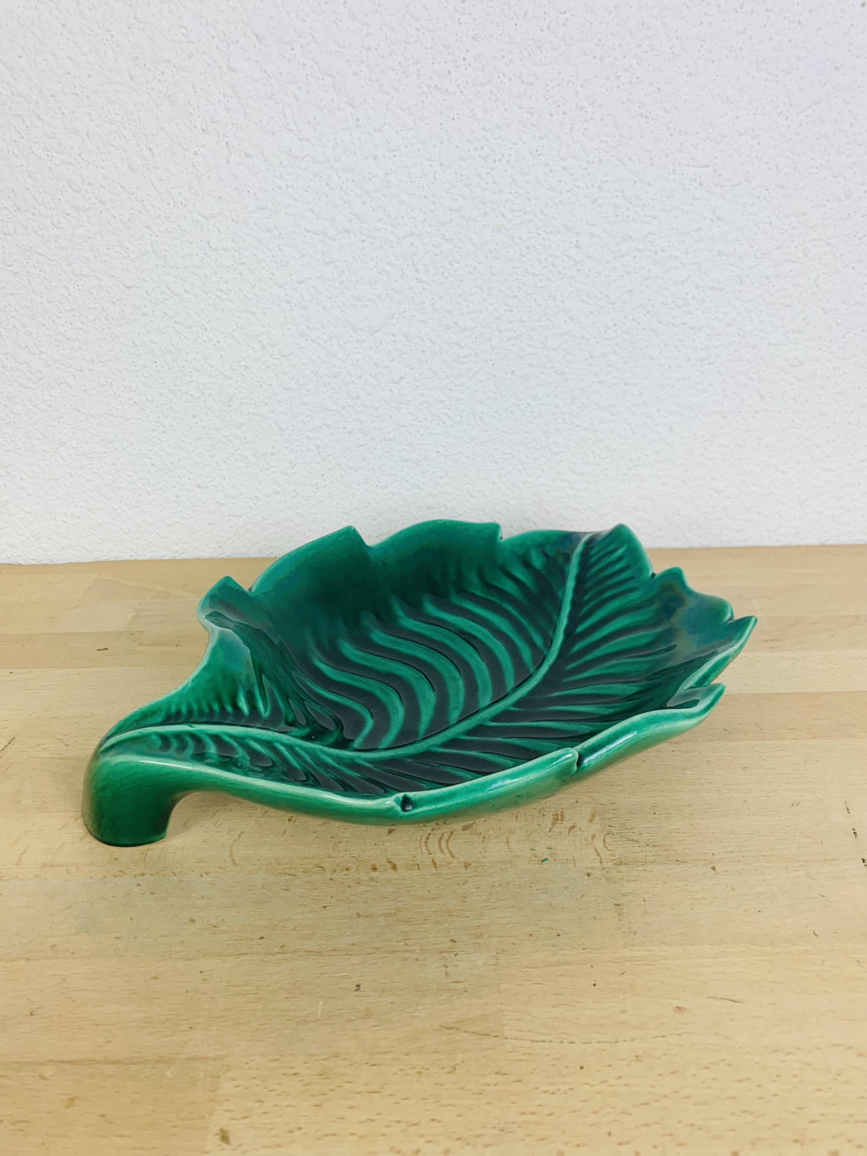 Ceramic cup signed CAB, green leaf, 1950s, slip