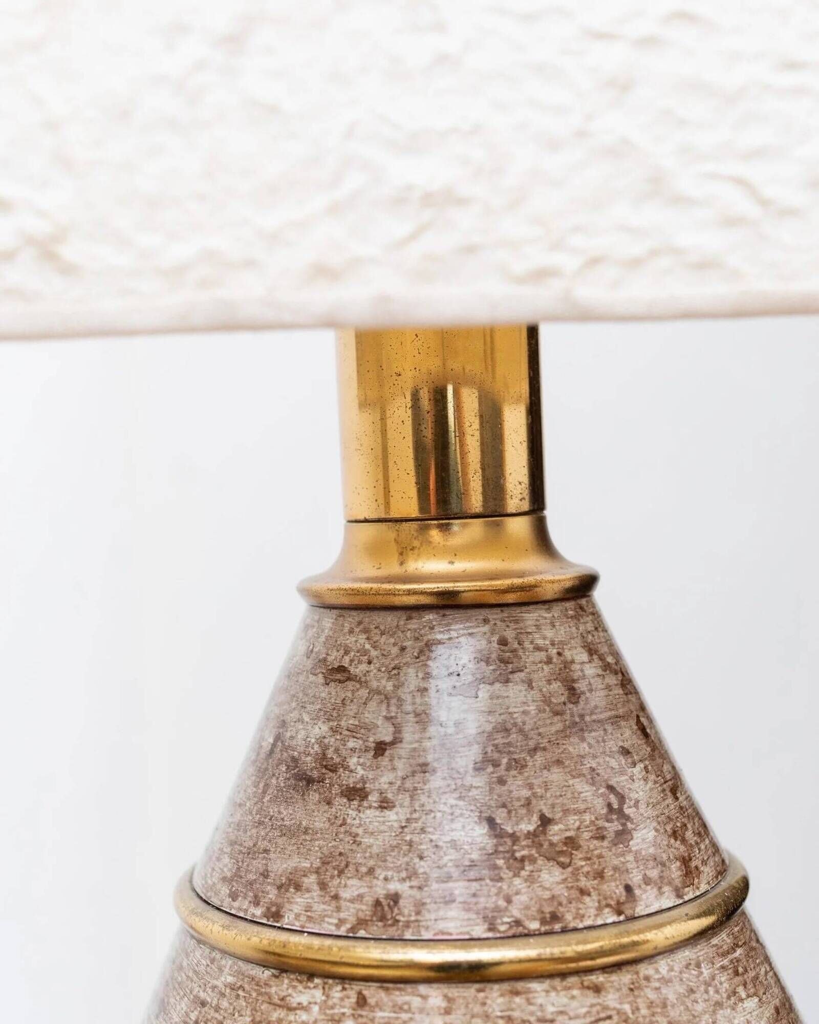 Brown ceramic mid-century table lamp with cream handmade paper floral shade and brass accents