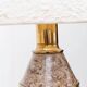 Brown ceramic mid-century table lamp with cream handmade paper floral shade and brass accents