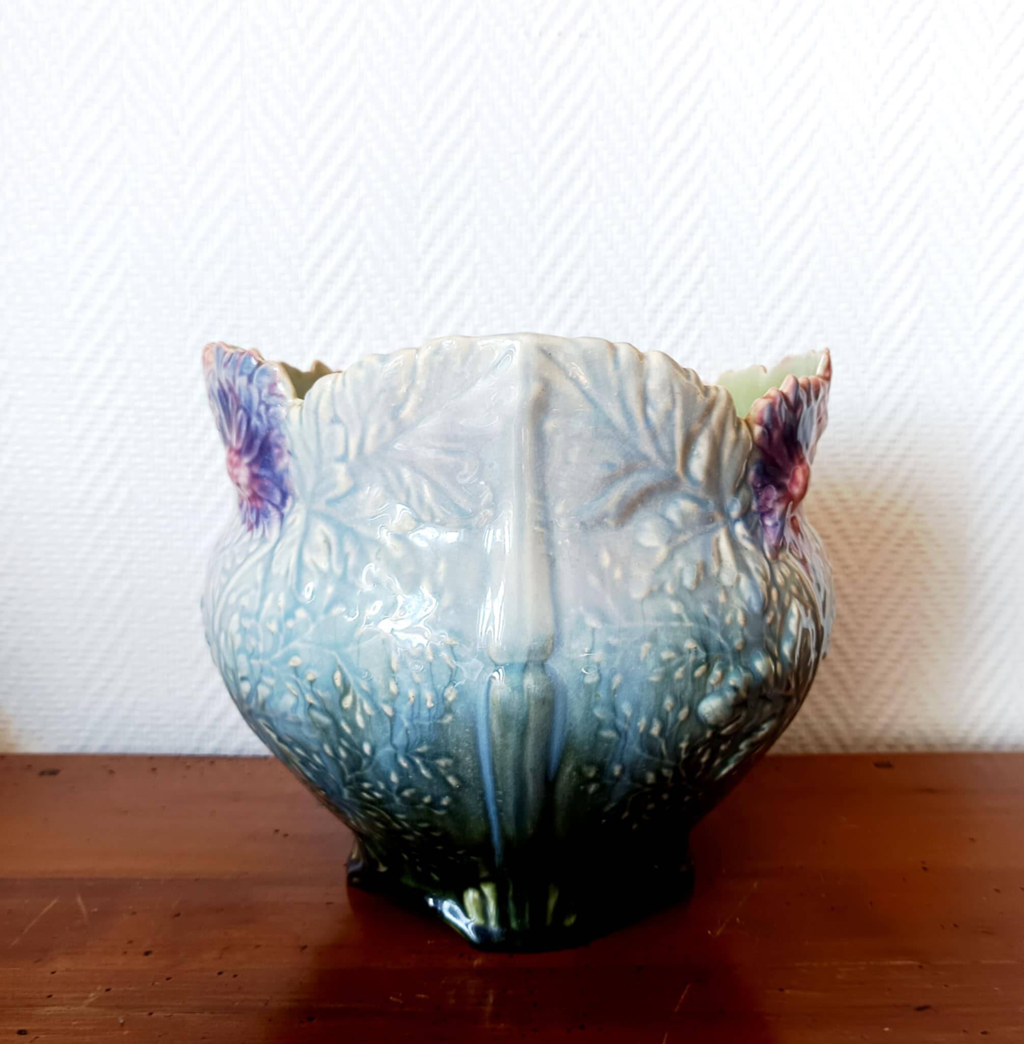 Art Nouveau flowerpot with slip peonies