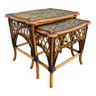 Vintage nesting tables in bamboo & rattan