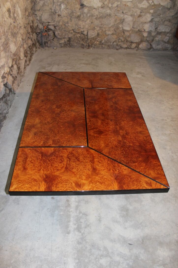 Coffee table, cocktail bar hidden in Elm Magnifier by Paul Michel, 1970 Roche Bobois