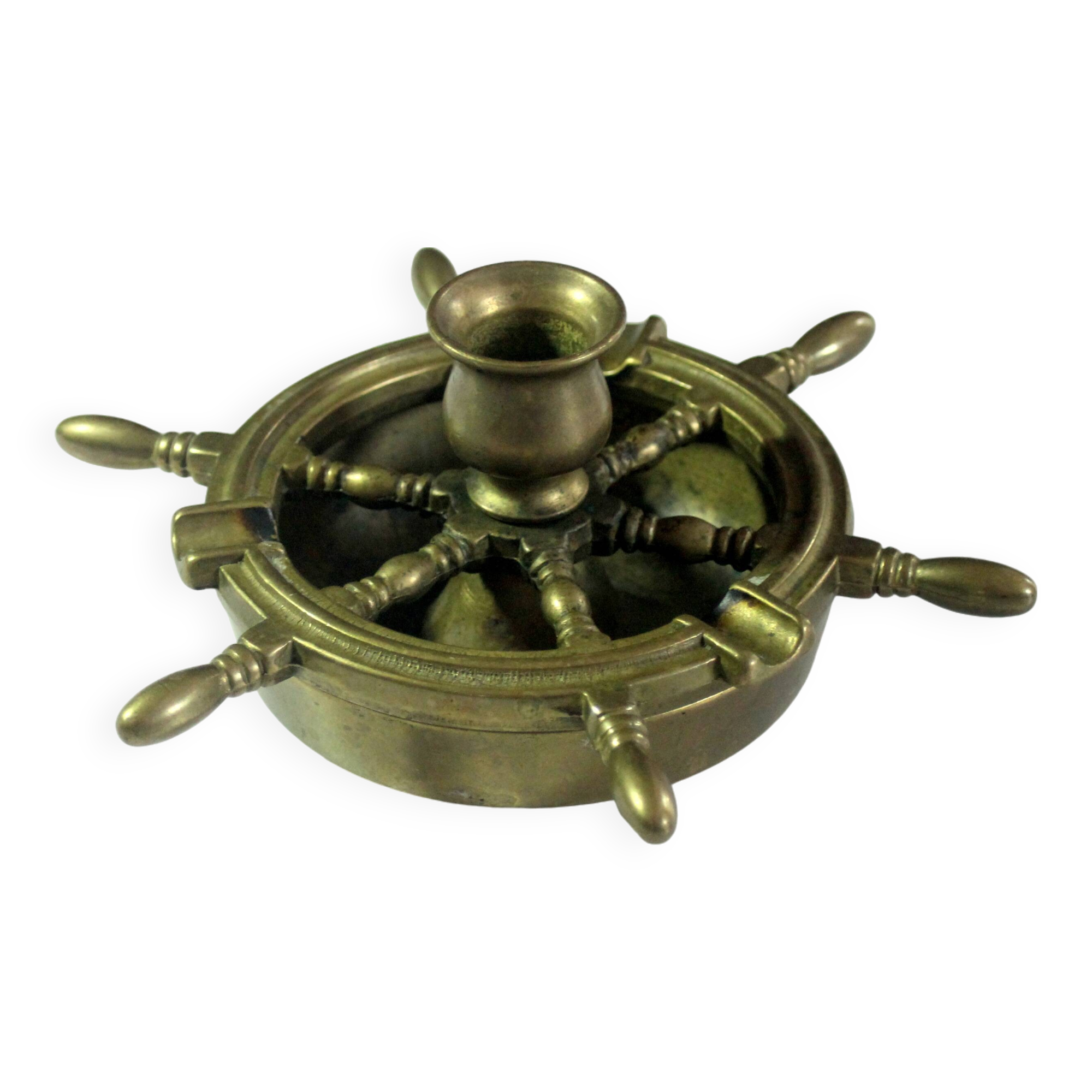 1960s solid brass ashtray in the shape of a steering wheel with a candle stick, vintage
