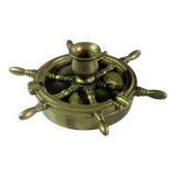 1960s solid brass ashtray in the shape of a steering wheel with a candle stick, vintage