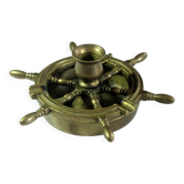 1960s solid brass ashtray in the shape of a steering wheel with a candle stick, vintage