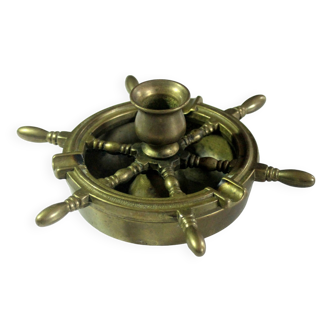 1960s solid brass ashtray in the shape of a steering wheel with a candle stick, vintage