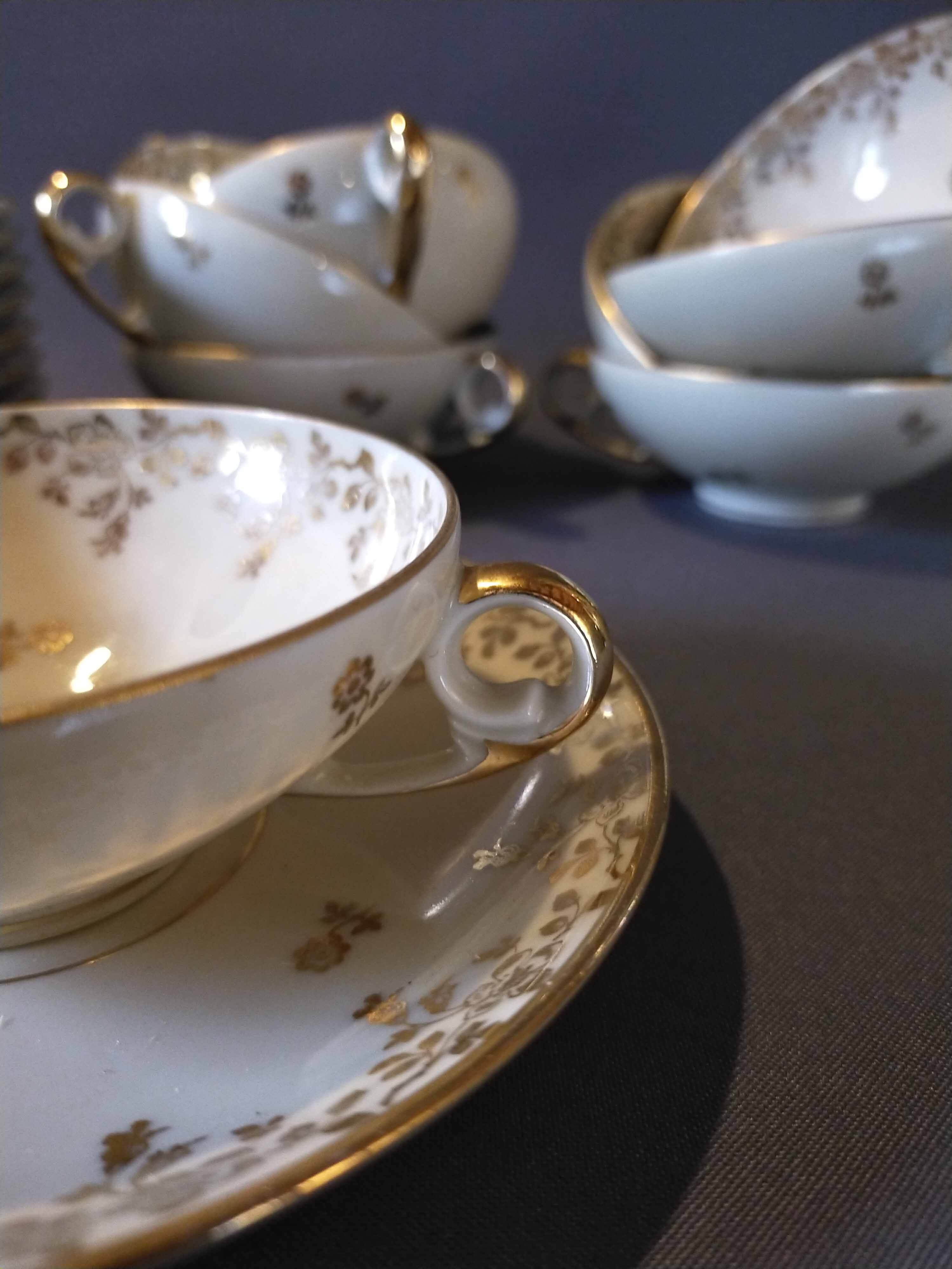 10 cups and tea saucers Limoges porcelain DRB Manufacture decor signed JS