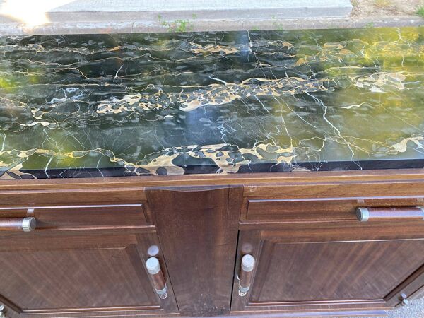 Buffet parisien art déco vintage en bois massif et marbre noir 180cm