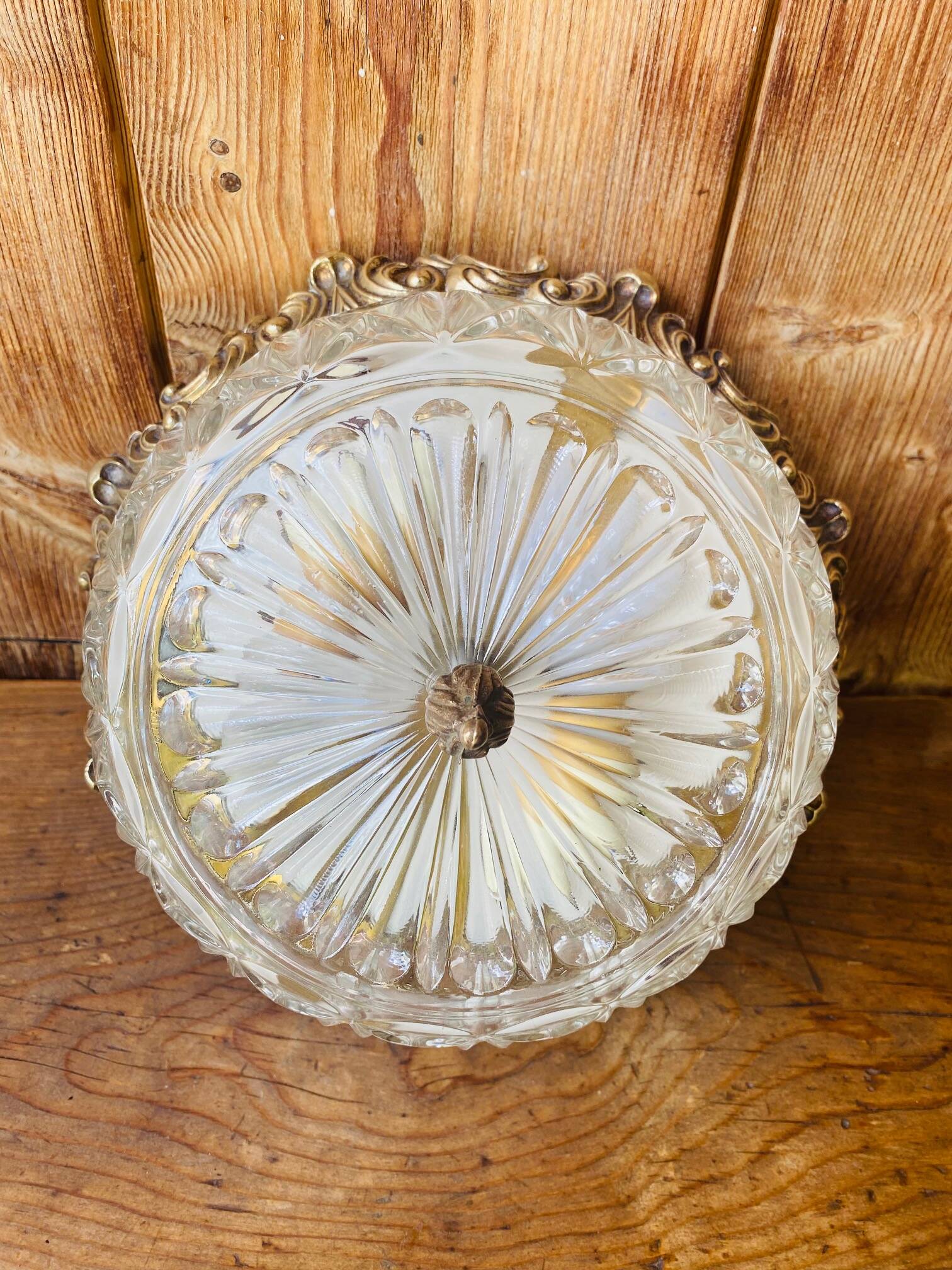 Glass and chiseled bronze ceiling light from the 50s/60s