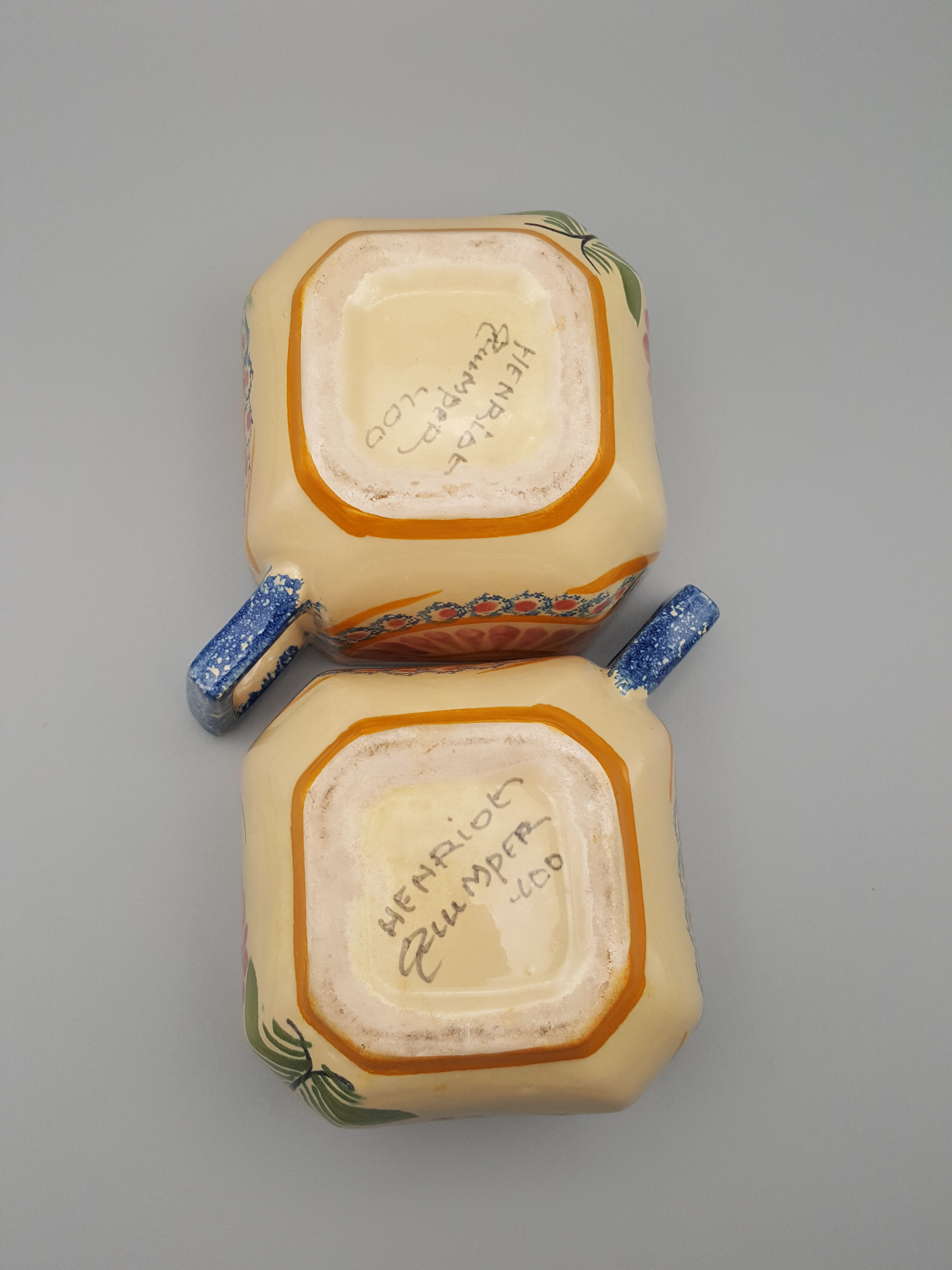 cups with octagonal saucers Henriot Quimper flower decoration leaves flowers