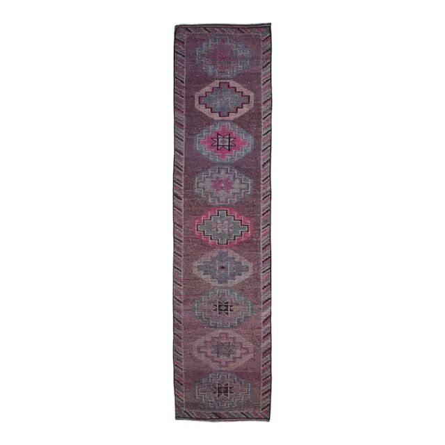 1960s Purple Pink Natural Turkish Hand-Knotted Runner Rug 81x327