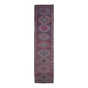 1960s Purple Pink Natural Turkish Hand-Knotted Runner Rug 81x327