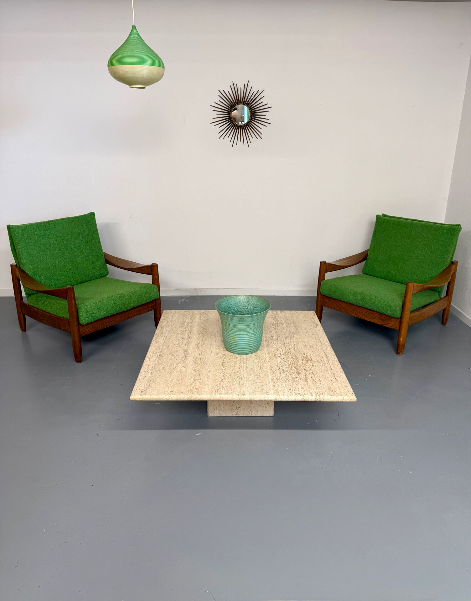 Lot of 2 vintage armchairs in solid oak with boucle fabric, Scandinavian design from the 70s.