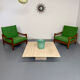 Lot of 2 vintage armchairs in solid oak with boucle fabric, Scandinavian design from the 70s.