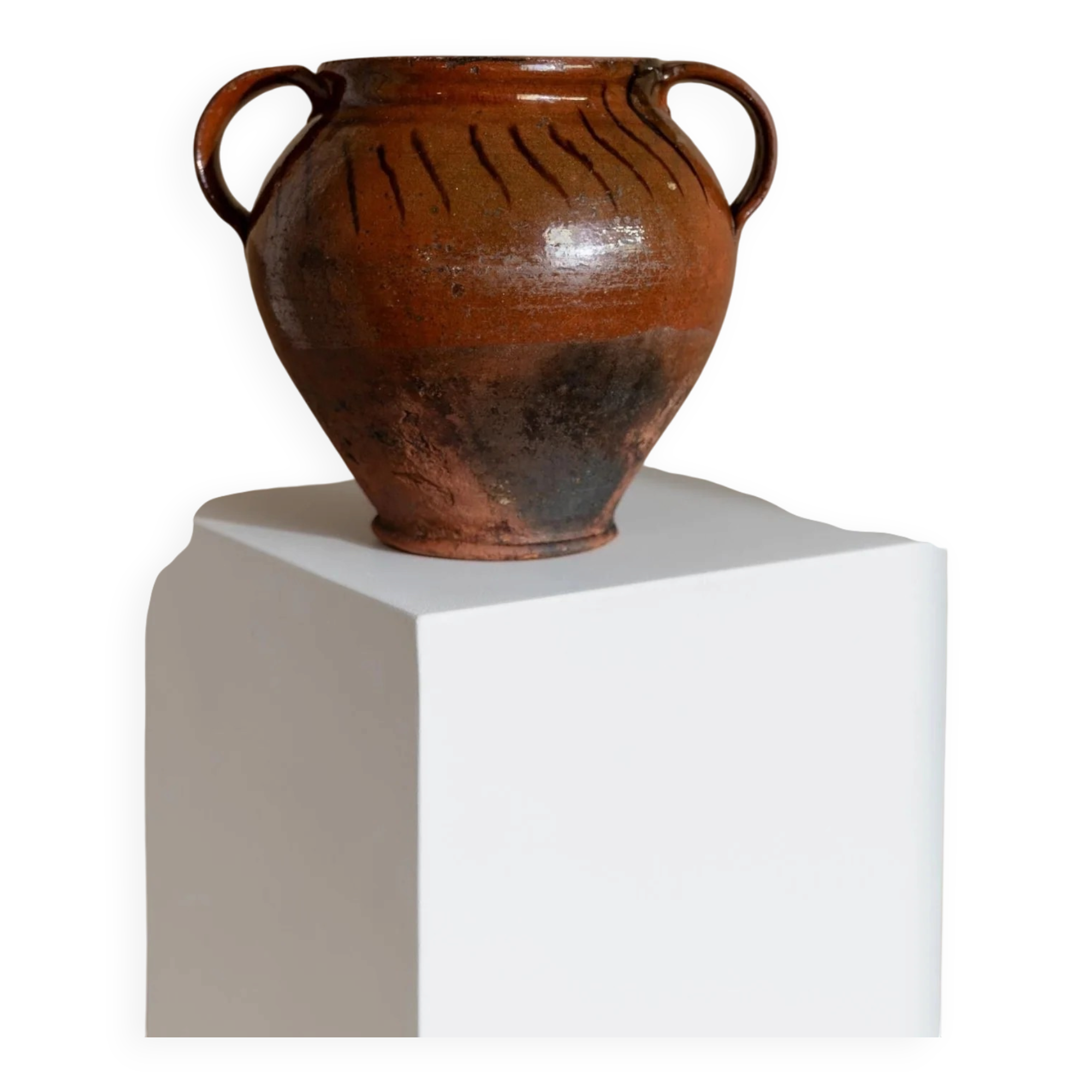 Pot à confit ancien rustique en céramique avec anses - Italie XIXe siècle - vase idéal pour une décoration de cuisine campagne, idée cadeau