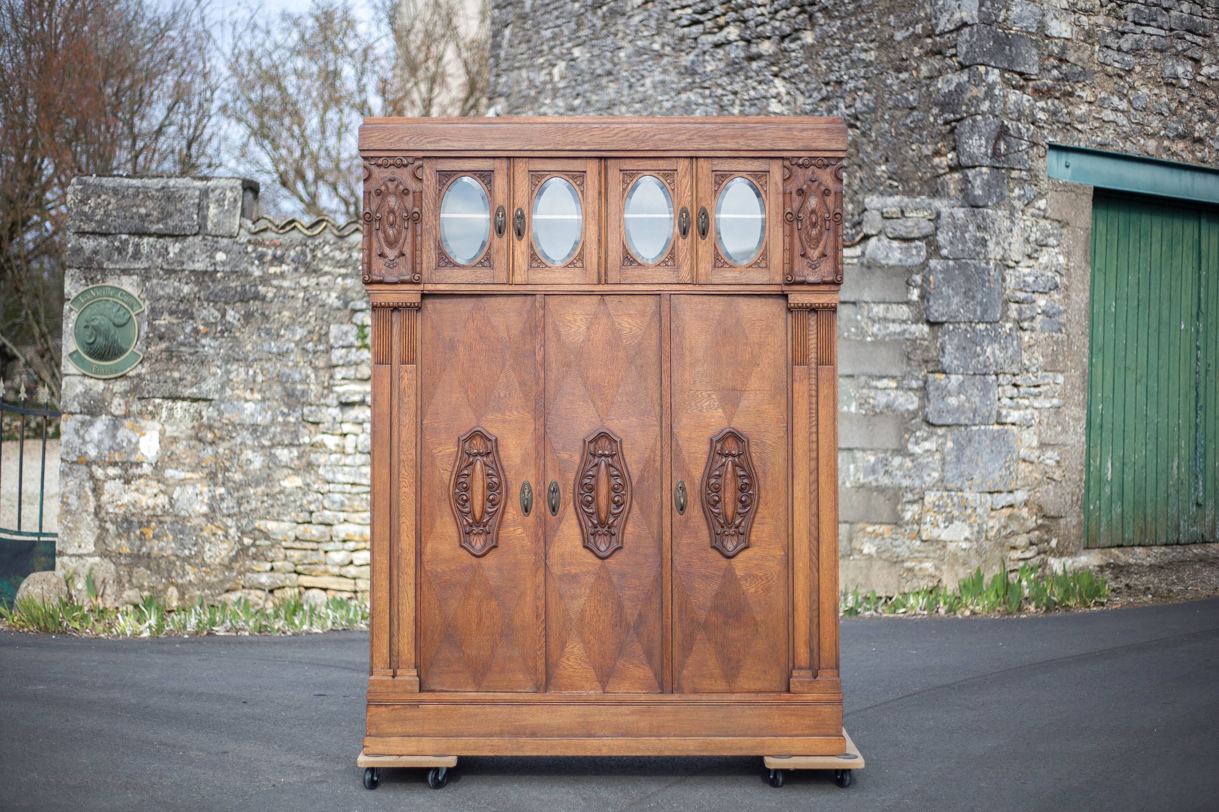 Bookcase carved wood 3 old doors, bookcase window beveled
