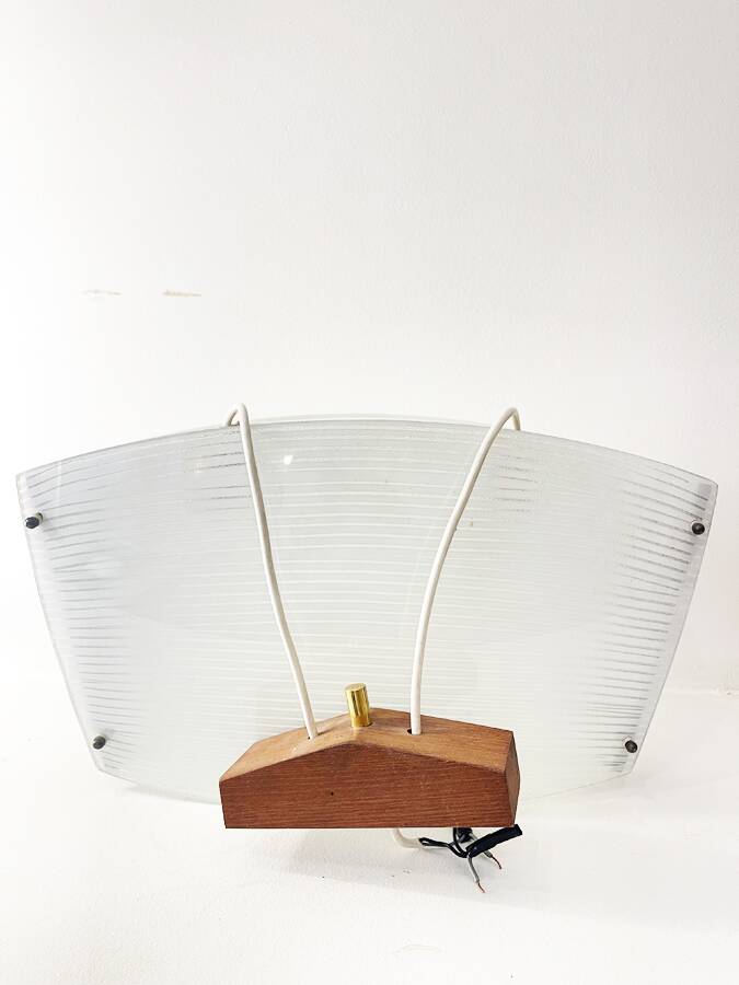 Scandinavian pendant light in ribbed glass and teak, 1960