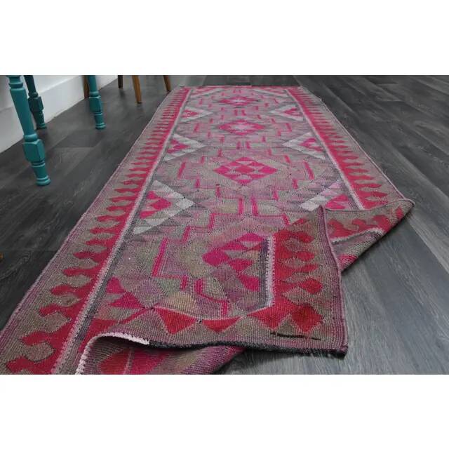 1970s Vintage Turkish Oushak Handmade Wool Cotton Purple Runner Rug 108x292