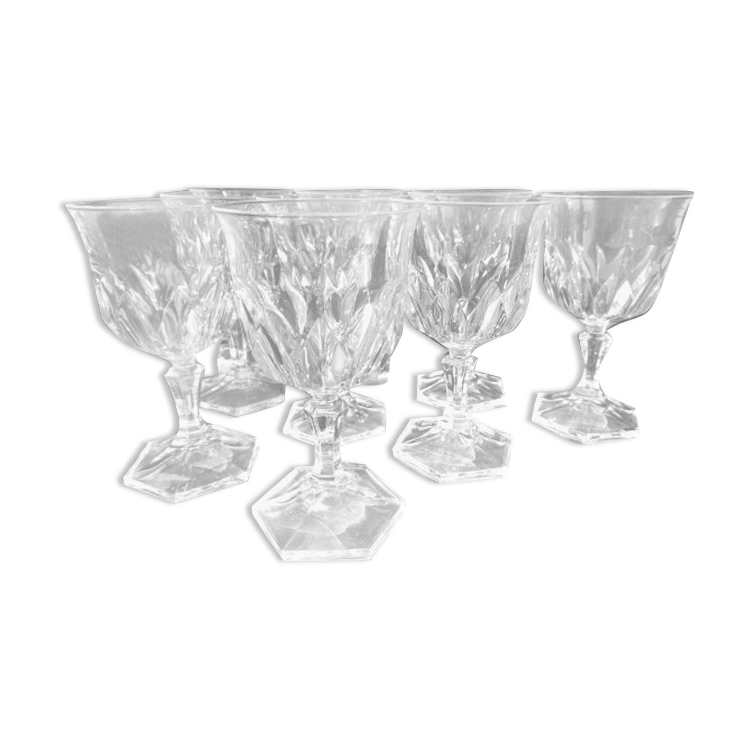 Set of 9 thick glass wine glasses faceted hexagonal foot