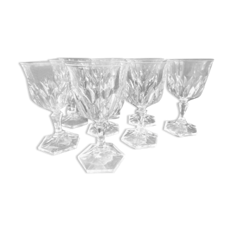 Set of 9 thick glass wine glasses faceted hexagonal foot